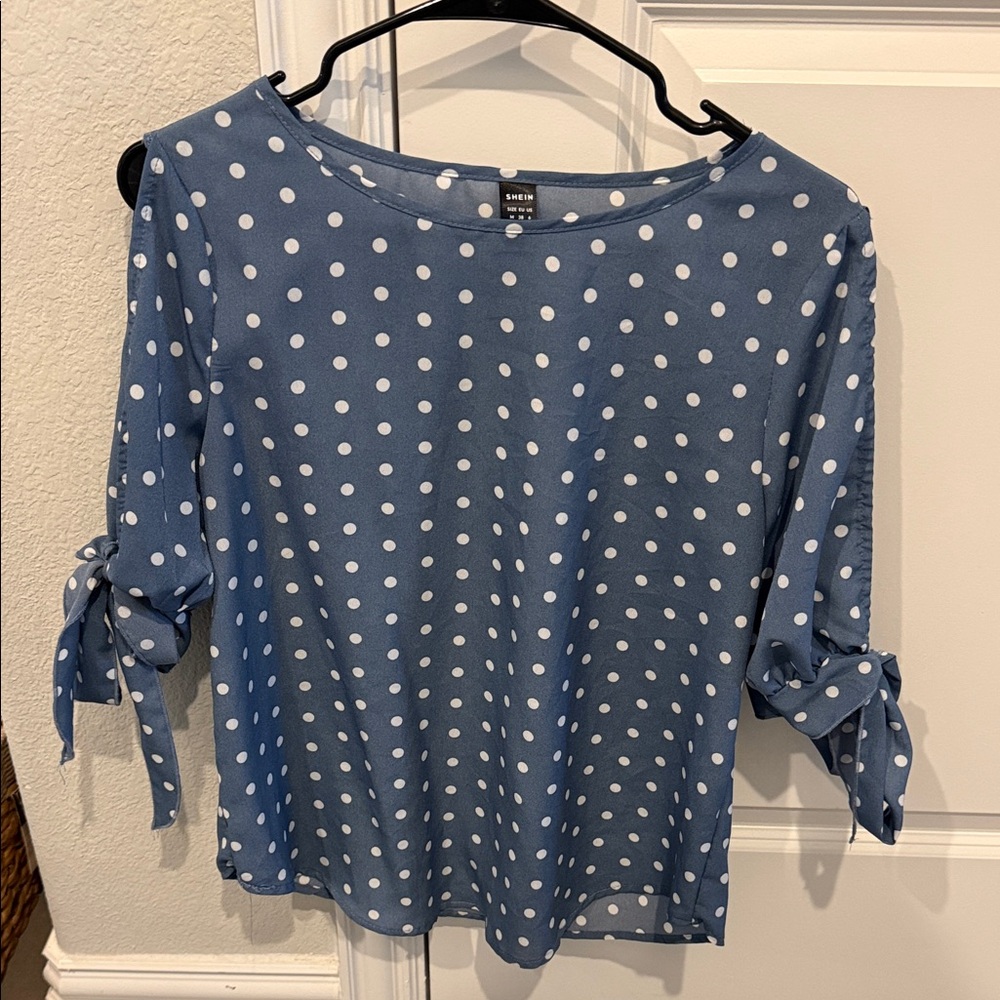 SHEIN Blue and White Polka Dot Blouse